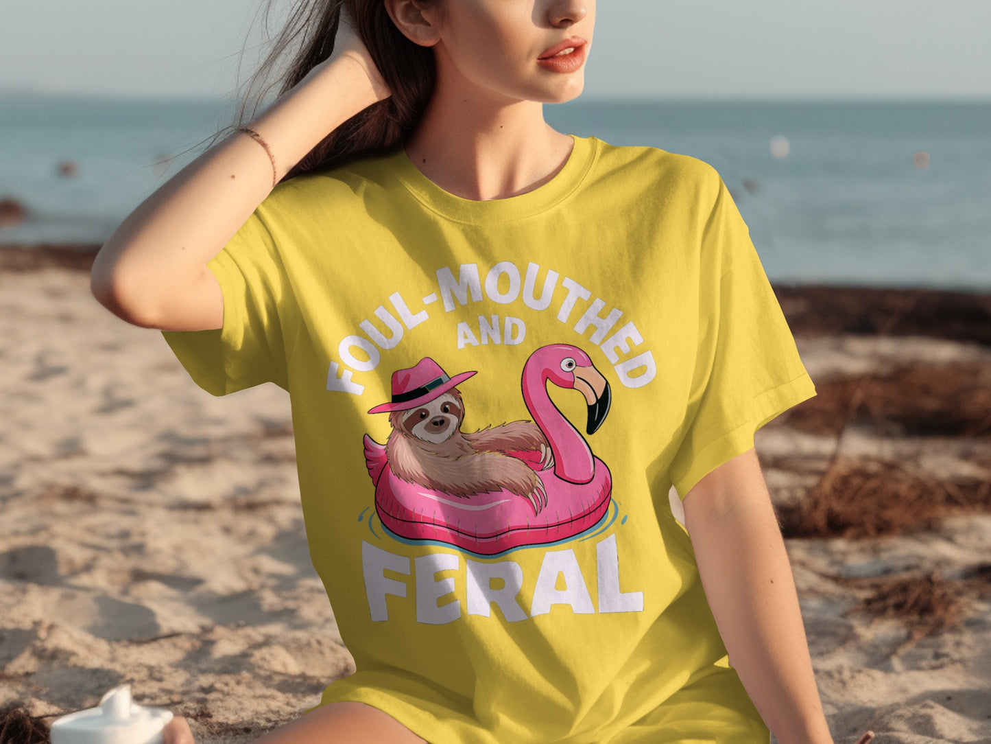 Foul-Mouthed and Feral Funny Sloth Flamingo T-Shirt