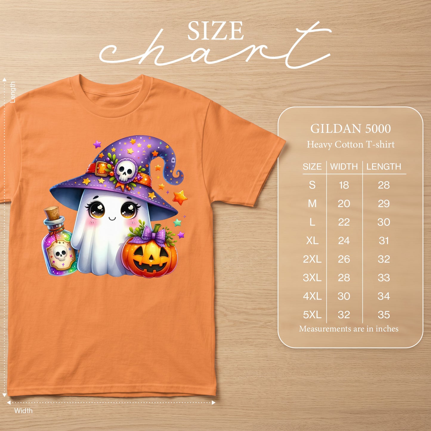 Orange t-shirt with ghost, pumpkin, and potion design next to Gildan 5000 size chart.