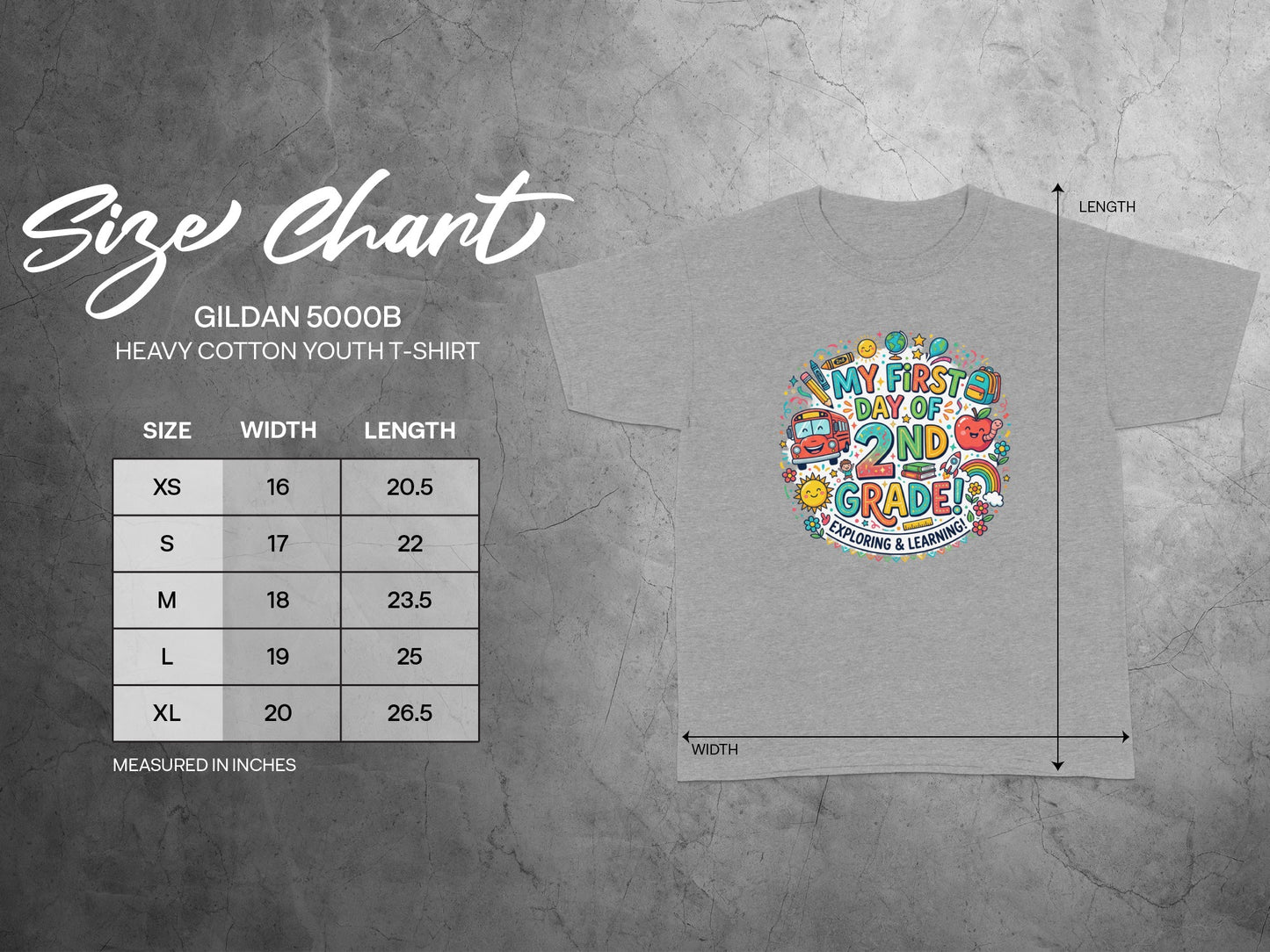 Gildan 5000B youth t-shirt size chart with "My First Day of 2nd Grade" graphic.