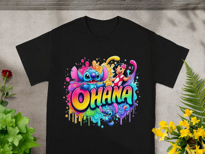 Black t-shirt with Stitch and Lilo from Disney's Lilo & Stitch in colorful spray paint art.