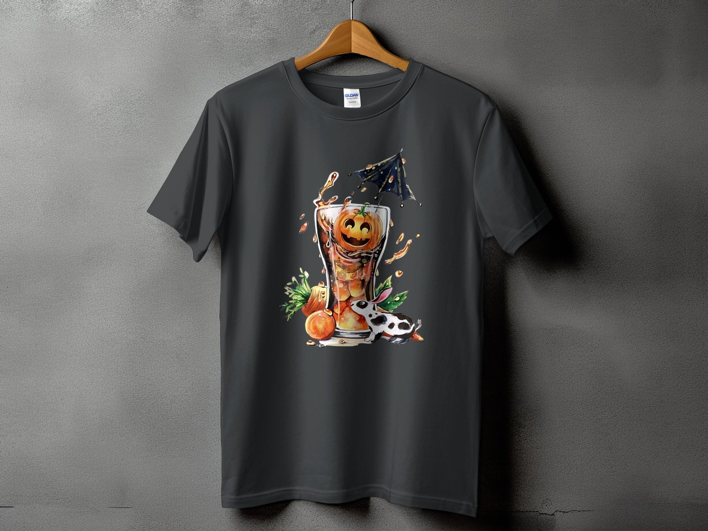 Dark t-shirt with a Halloween cocktail featuring a pumpkin face and a black and white bunny.