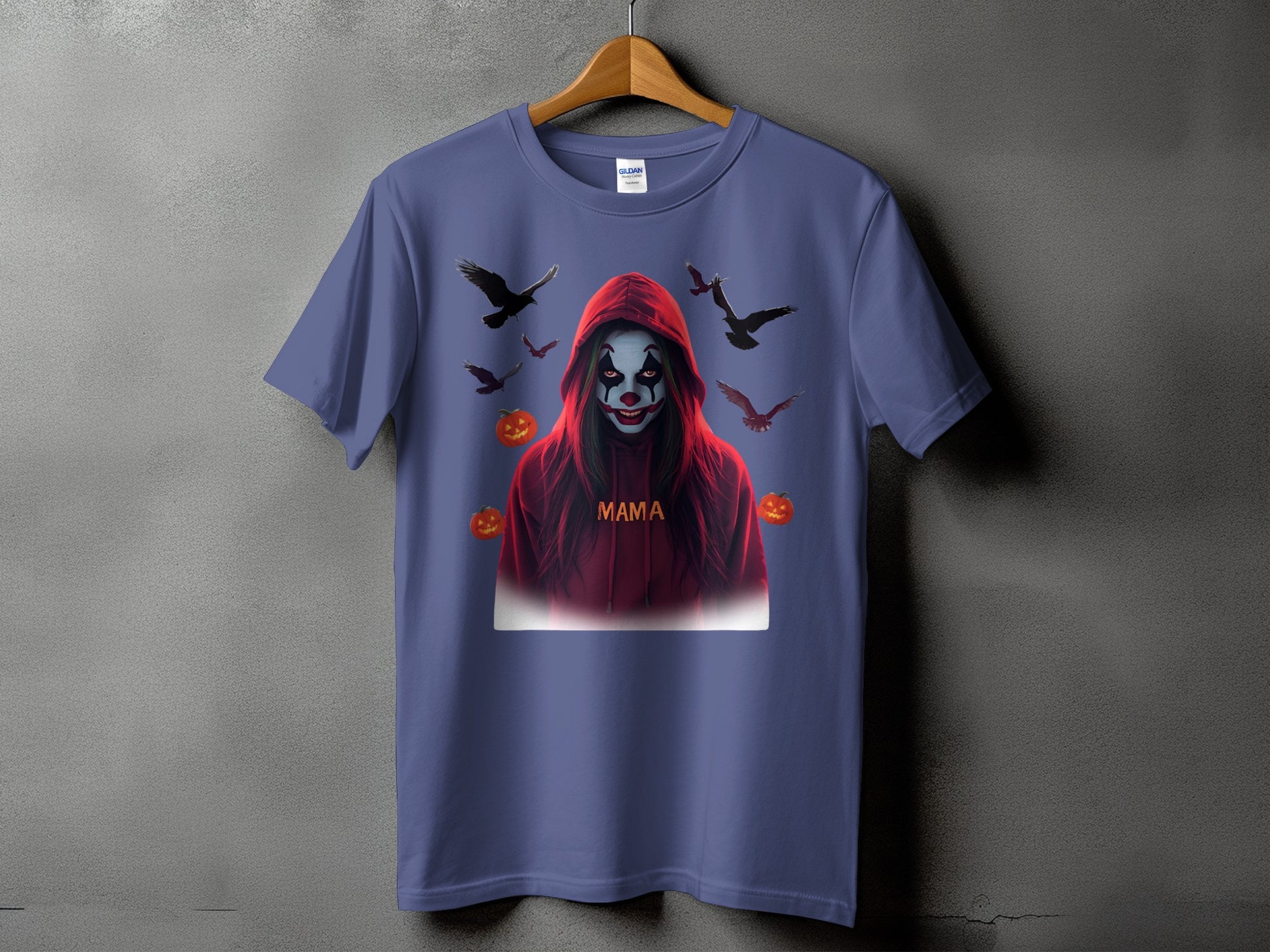 T-shirt with clown graphic, birds, pumpkins, and "Mama" text.
