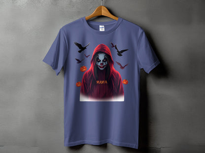 T-shirt with clown graphic, birds, pumpkins, and "Mama" text.