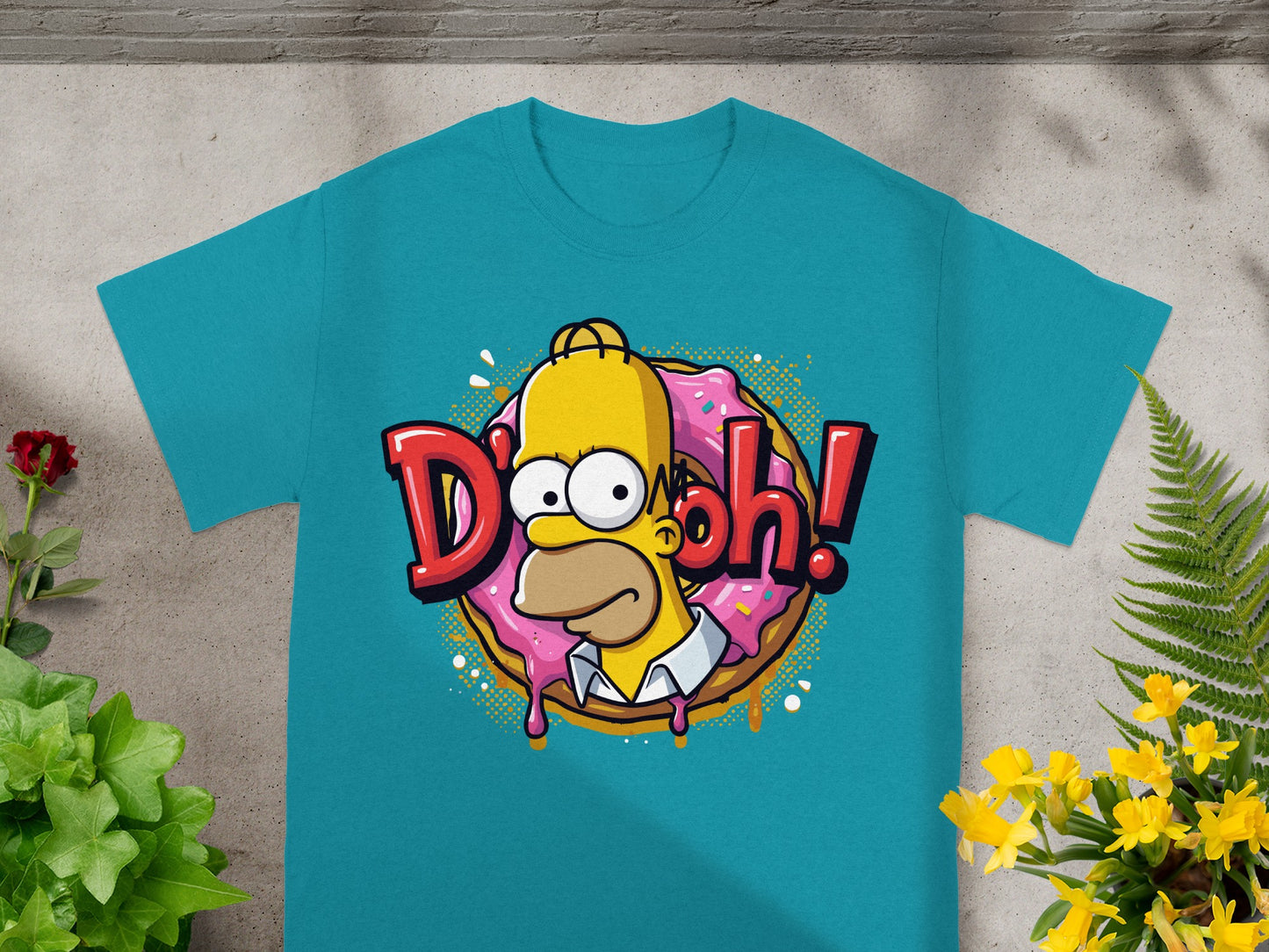 Homer Simpson eating a donut on a blue t-shirt.