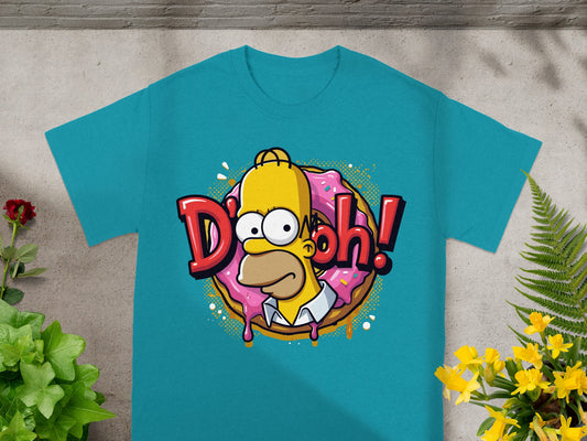 Homer Simpson eating a donut on a blue t-shirt.