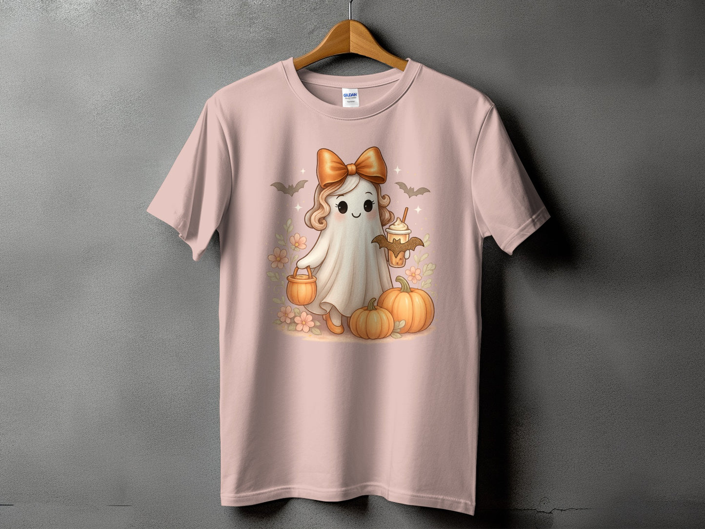 Ghost wearing a bow holding a pumpkin and coffee, surrounded by pumpkins.