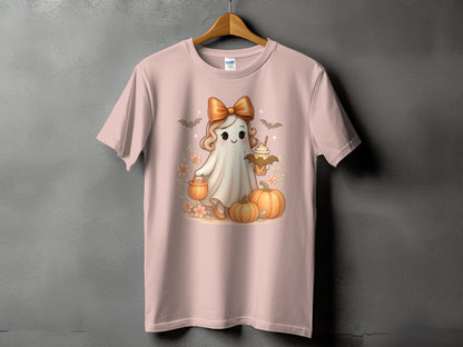 Ghost wearing a bow holding a pumpkin and coffee, surrounded by pumpkins.