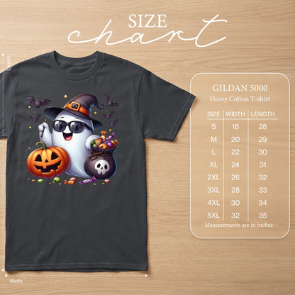 Halloween ghost with sunglasses, witch hat, pumpkin, and candy bag on a charcoal t-shirt.