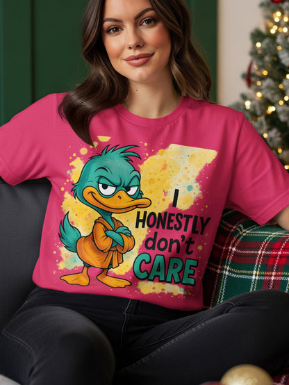 T-shirt with cartoon duck wearing orange robe, text reads "I honestly don't care."