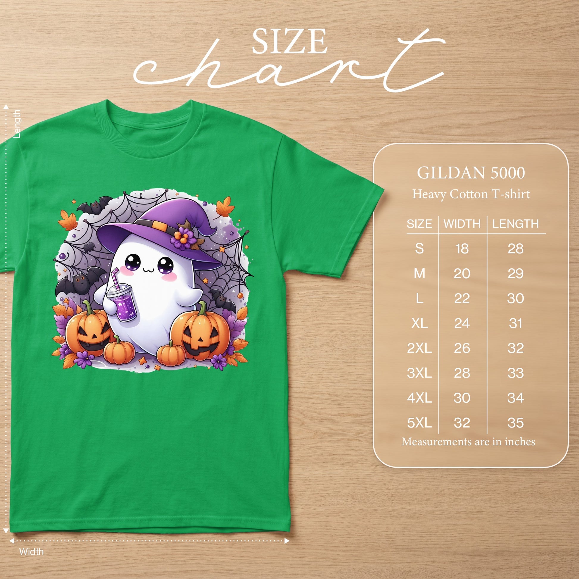 Green t-shirt with a cute ghost, pumpkins, bats, and web design. Includes size chart.