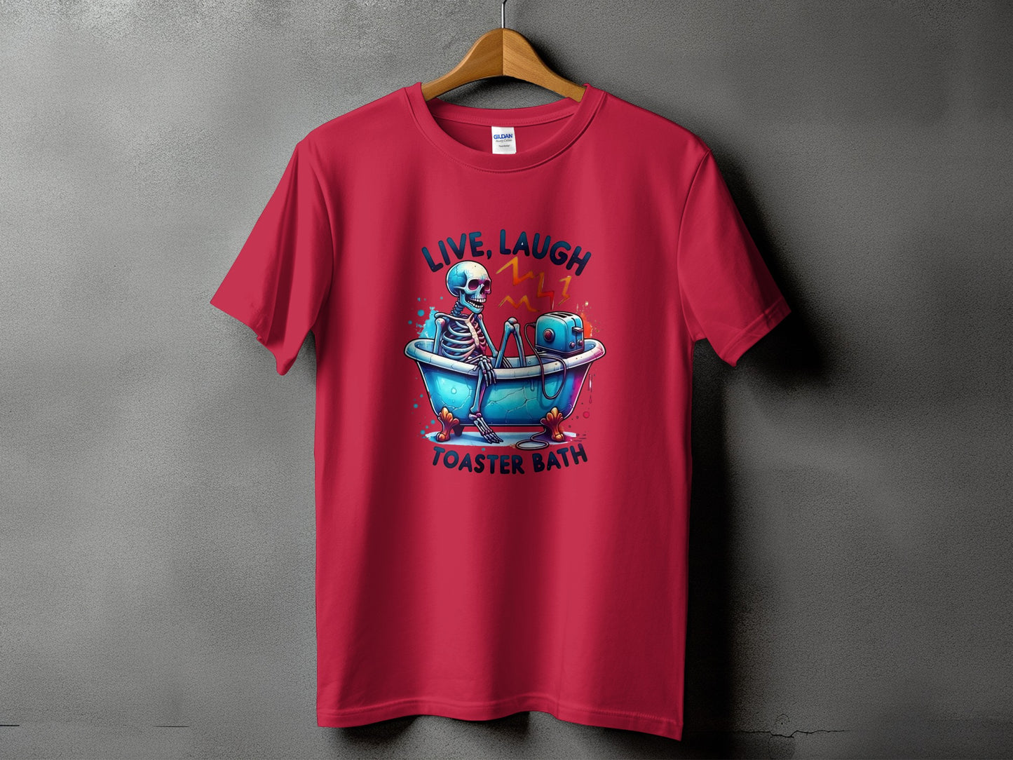 Red t-shirt with skeleton in bathtub graphic and text "LIVE, LAUGH TOASTER BATH".