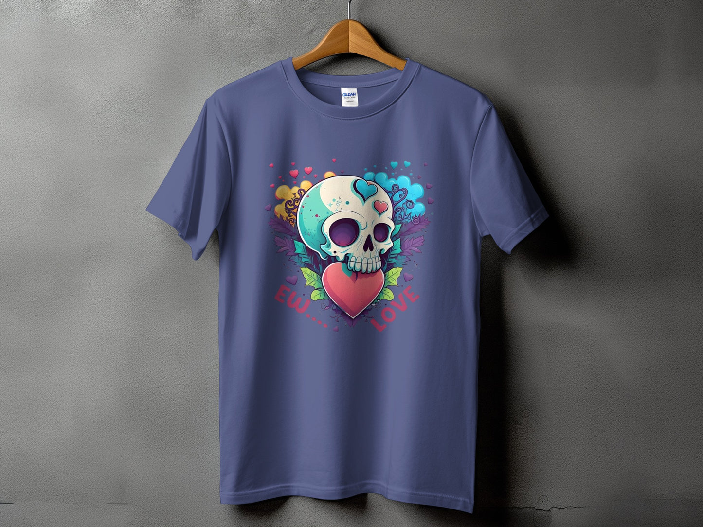 Purple t-shirt with a skull and heart graphic and "EW LOVE" text.