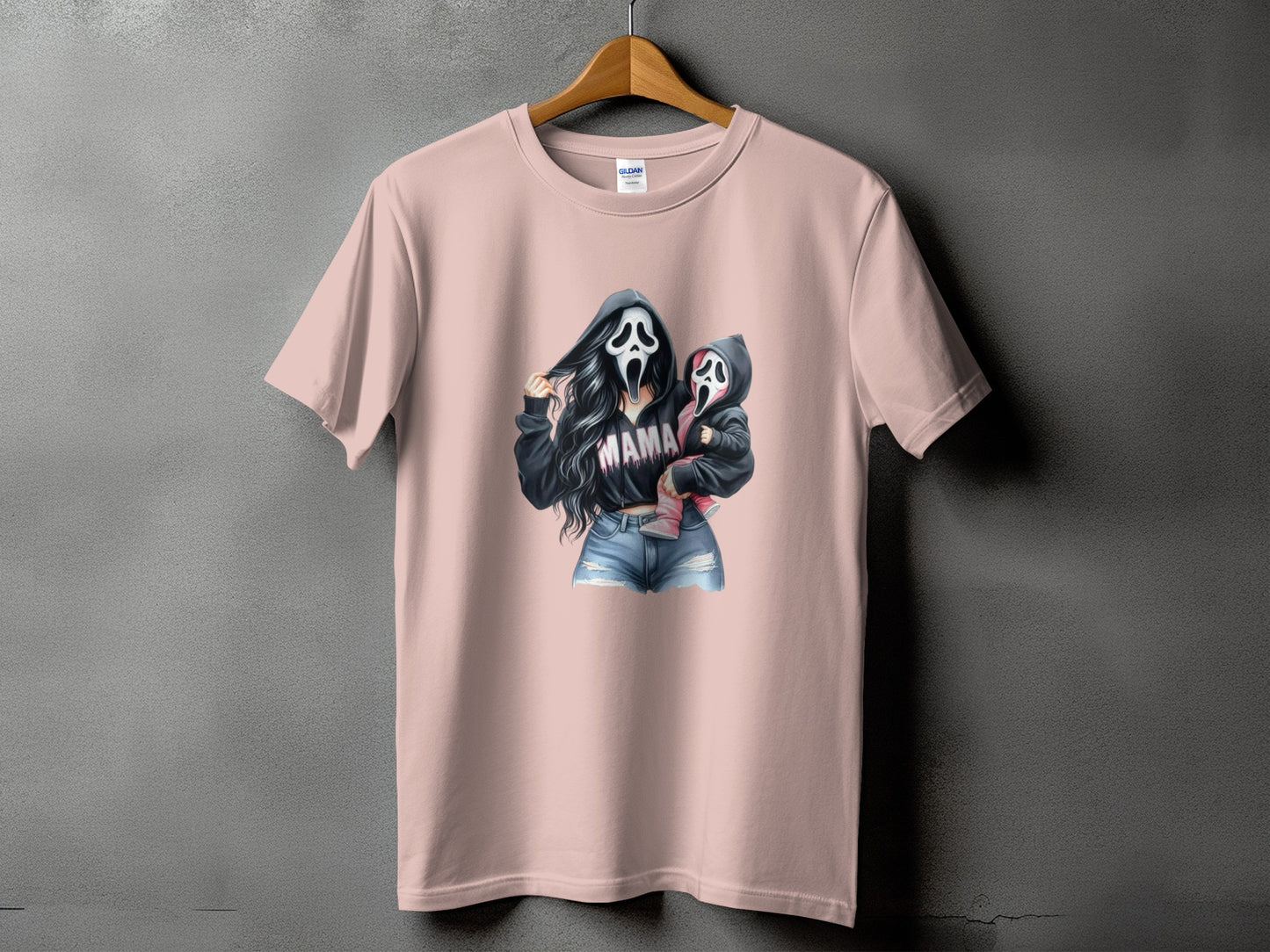Pink t-shirt with graphic of woman and child in Ghostface masks, "Mama" text.
