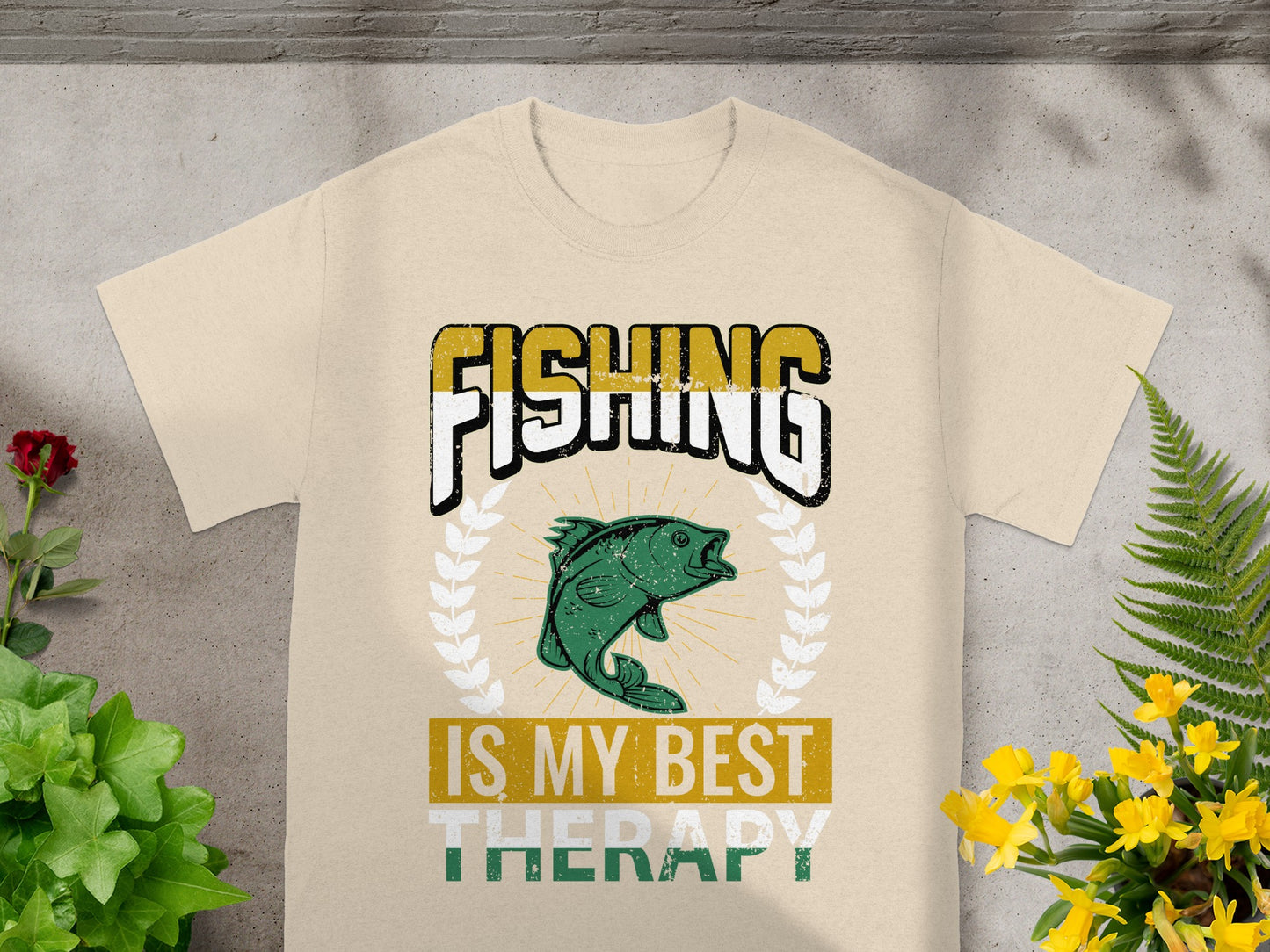 Light beige t-shirt with "FISHING IS MY BEST THERAPY" text and a fish graphic.