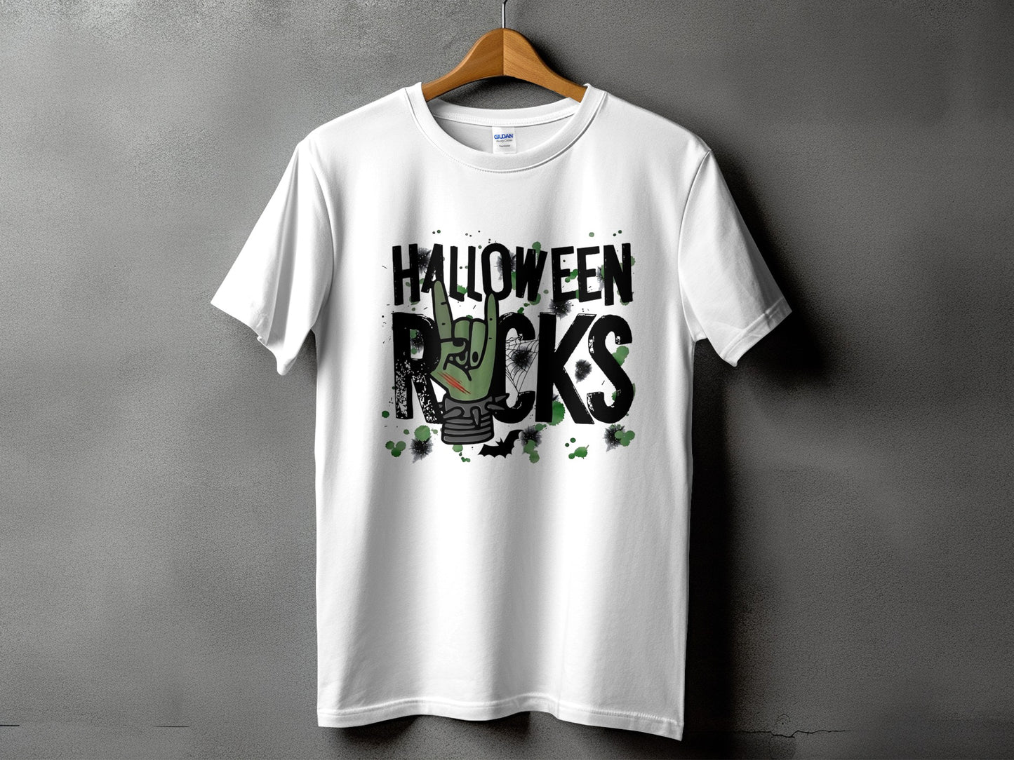 White t-shirt with "Halloween Rocks" and a zombie hand giving the rock-on sign.