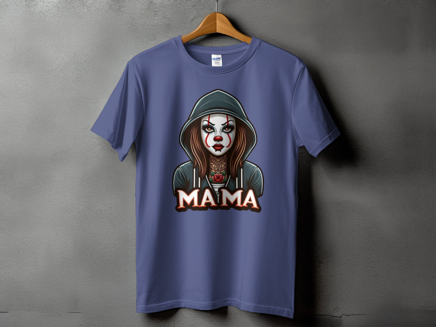 Purple t-shirt with a graphic of a woman with clown makeup and the word "MAMA".