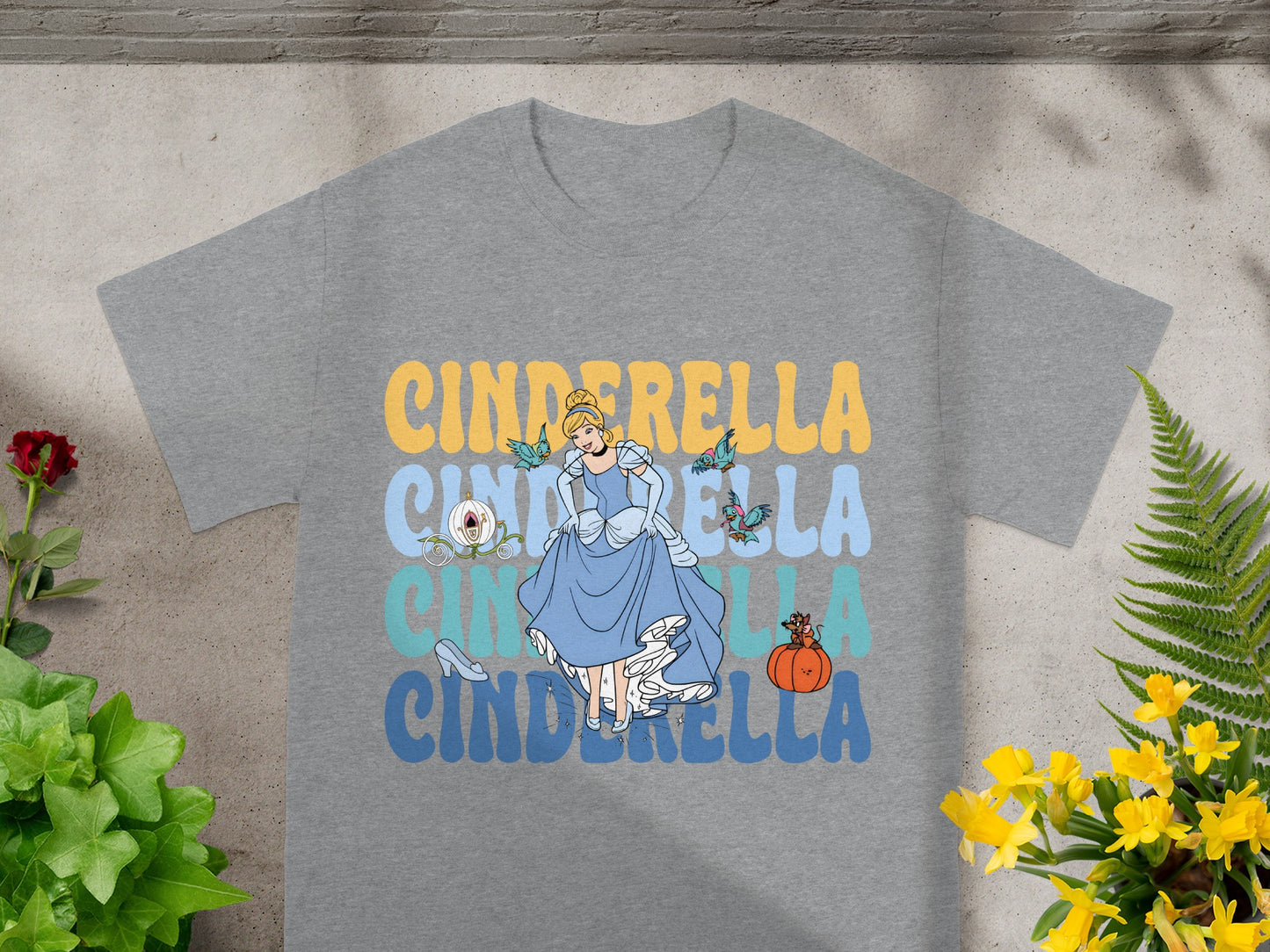 Grey t-shirt with Cinderella graphic and text "CINDERELLA".