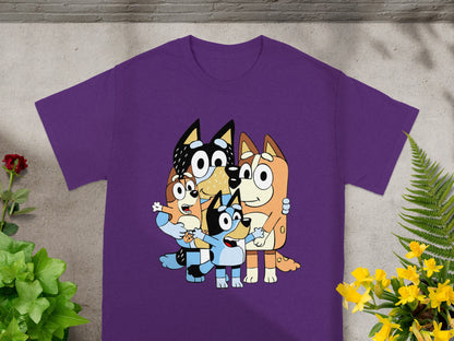Bluey and Bingo characters hug on a purple t-shirt.