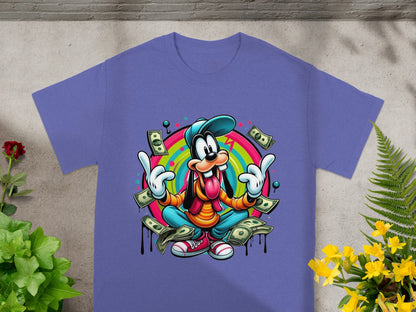 Purple t-shirt with Goofy cartoon character sitting in a meditating pose surrounded by money.
