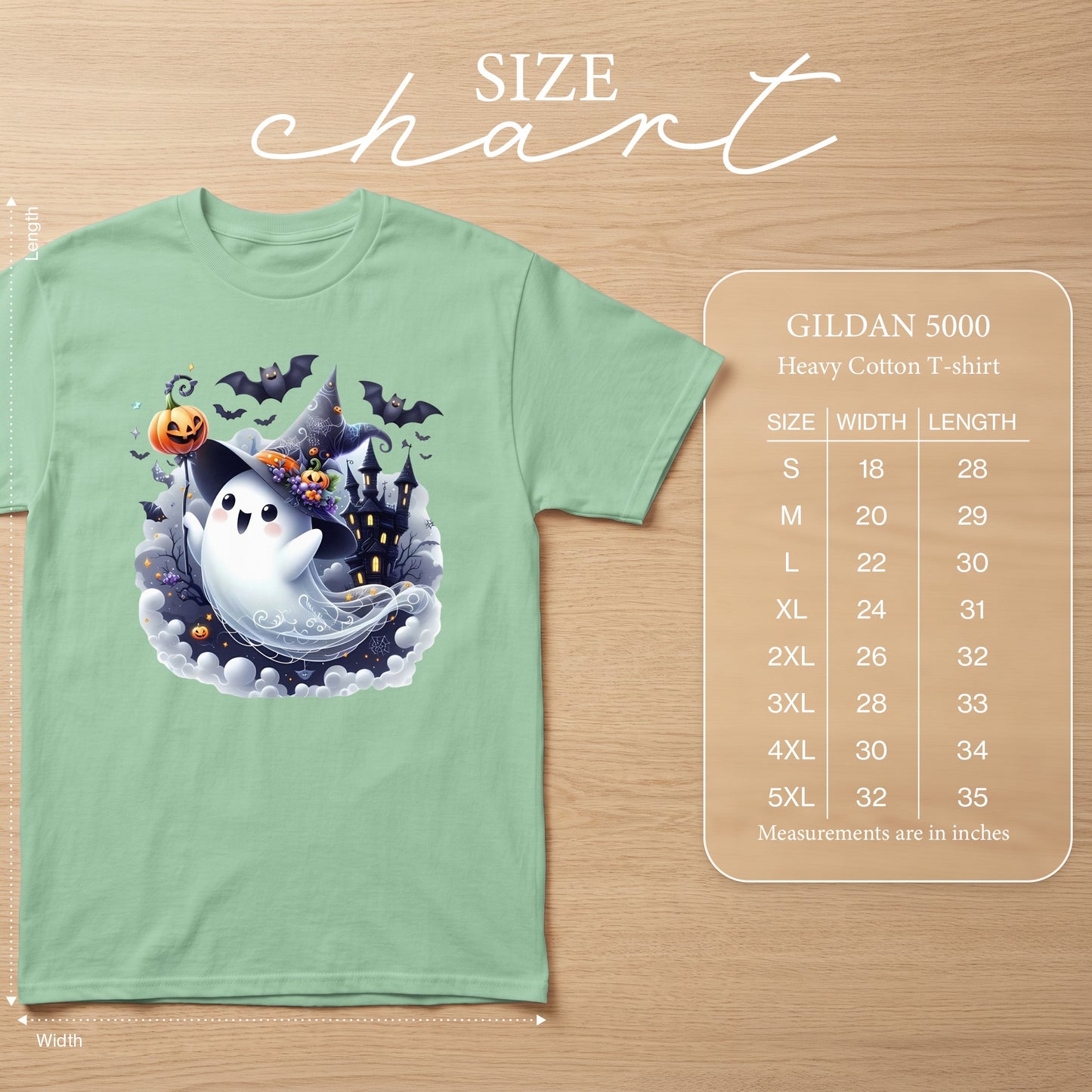 Mint green Gildan 5000 heavy cotton t-shirt with Halloween ghost graphic and size chart.