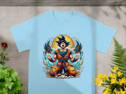 Goku with dragons on a light blue t-shirt.