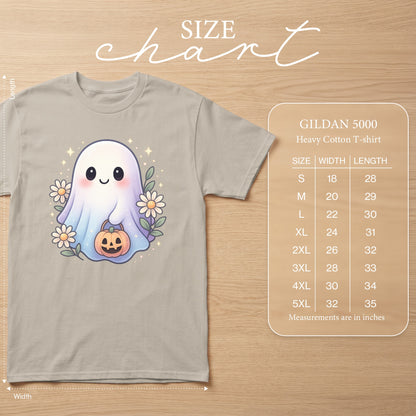 Gildan 5000 t-shirt with cute ghost, pumpkin, and daisies, includes size chart.