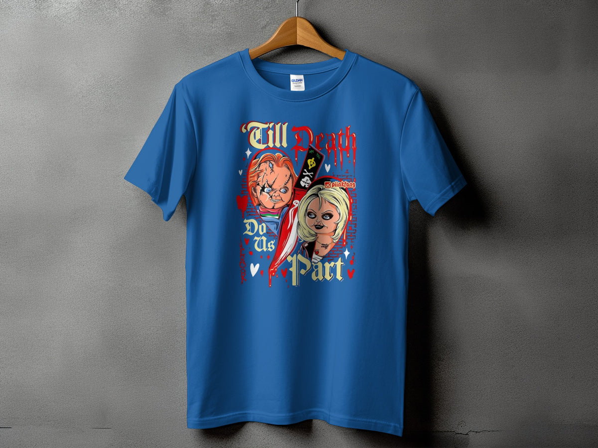 Blue t-shirt with Chucky and Tiffany dolls and "Till Death Do Us Part" text.