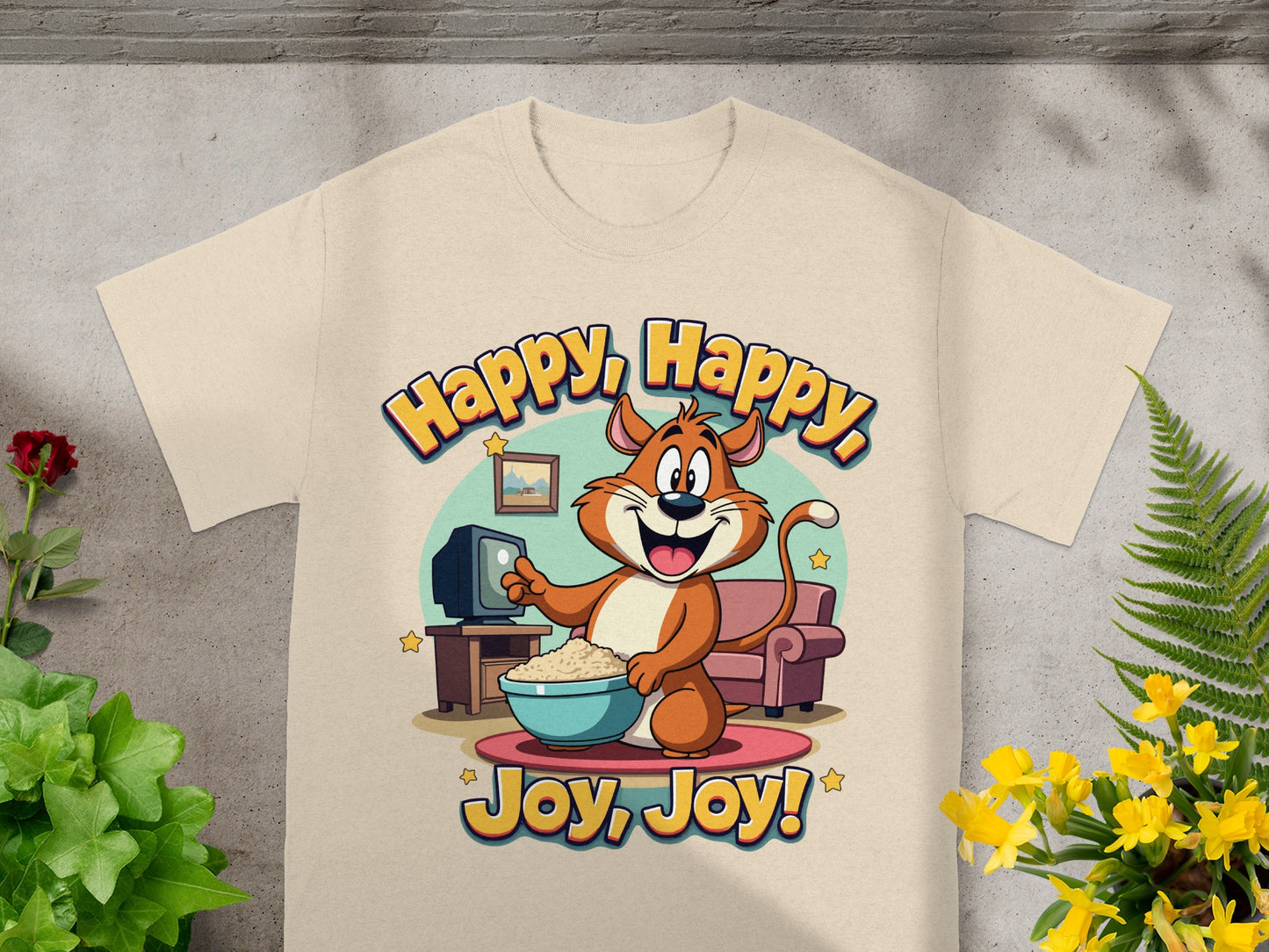 Cartoon cat watching TV with popcorn, text "Happy, Happy, Joy, Joy!"
