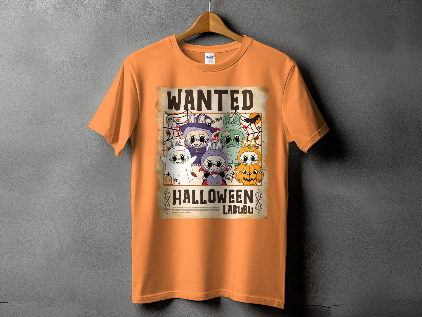 Orange t-shirt with a Halloween wanted poster featuring cartoon characters and text.