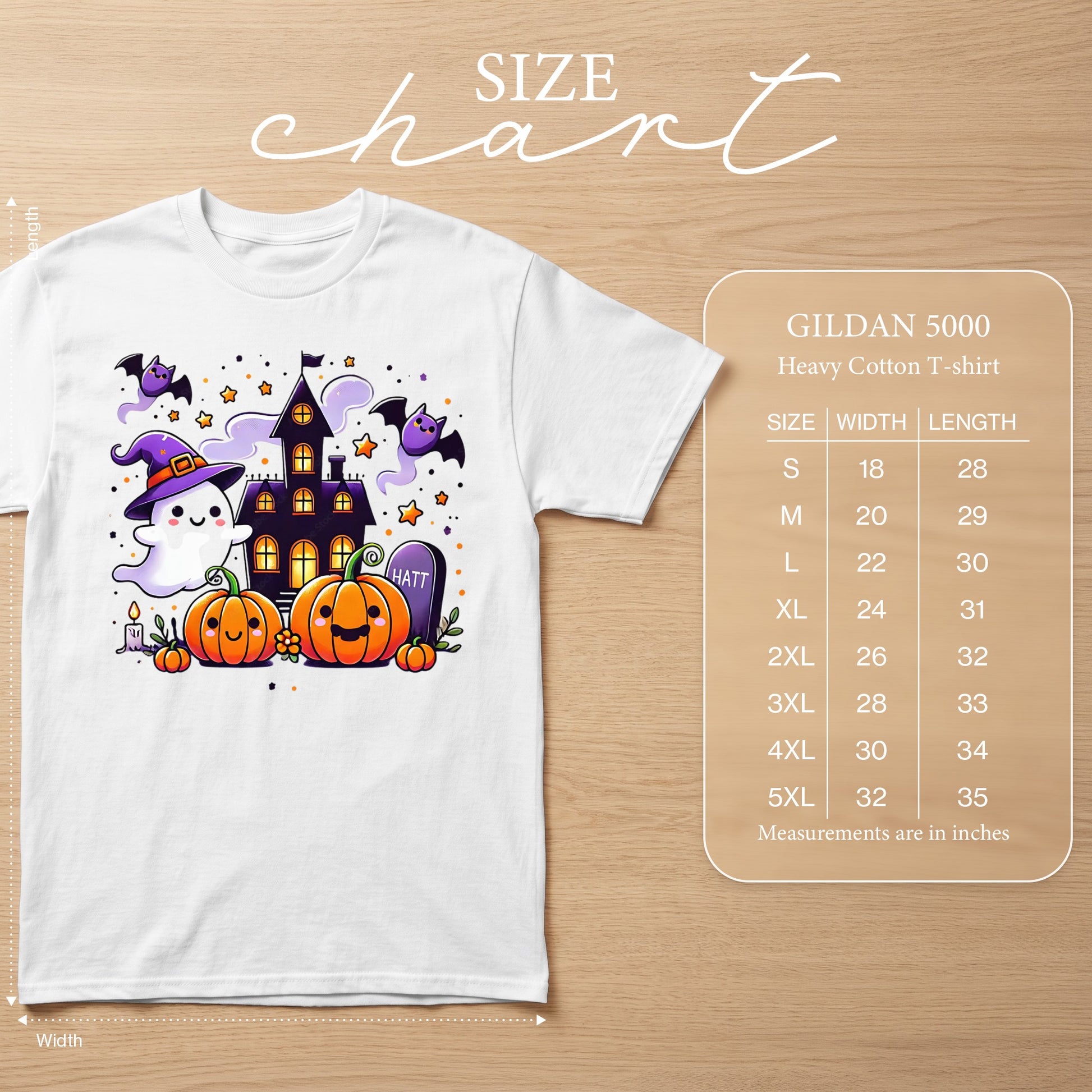 White Gildan 5000 t-shirt with Halloween graphic and size chart.