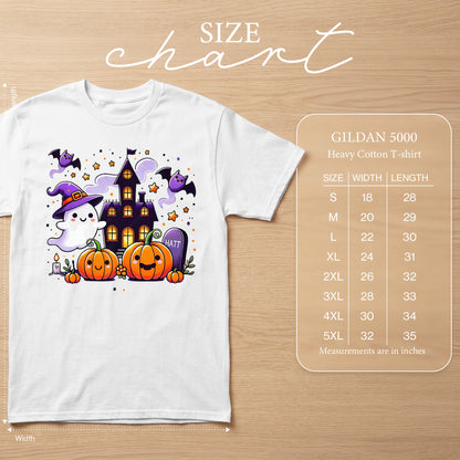 White Gildan 5000 t-shirt with Halloween graphic and size chart.