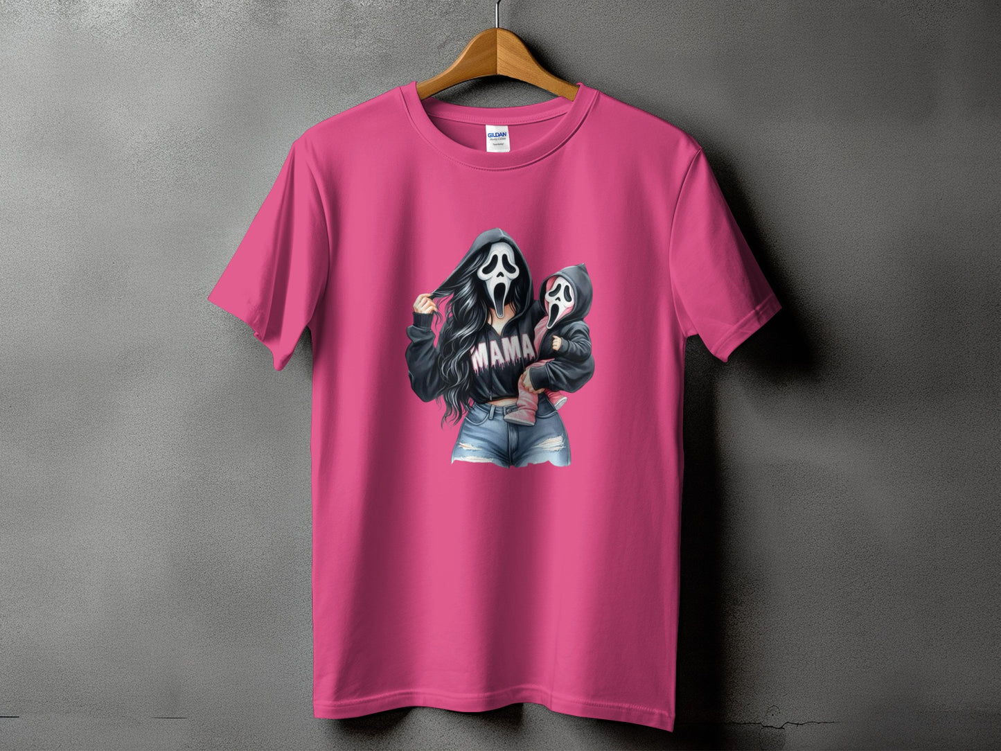 Pink t-shirt with Ghostface mom and baby graphic and "MAMA" text.