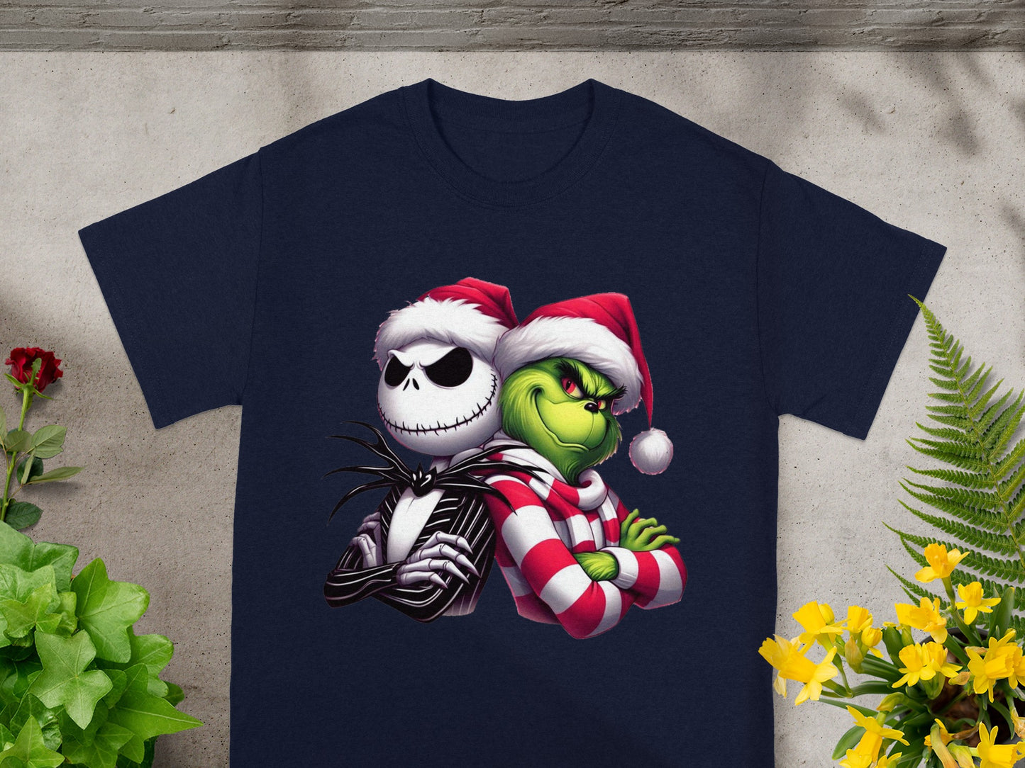 Jack Skellington and the Grinch embrace on a navy t-shirt.
