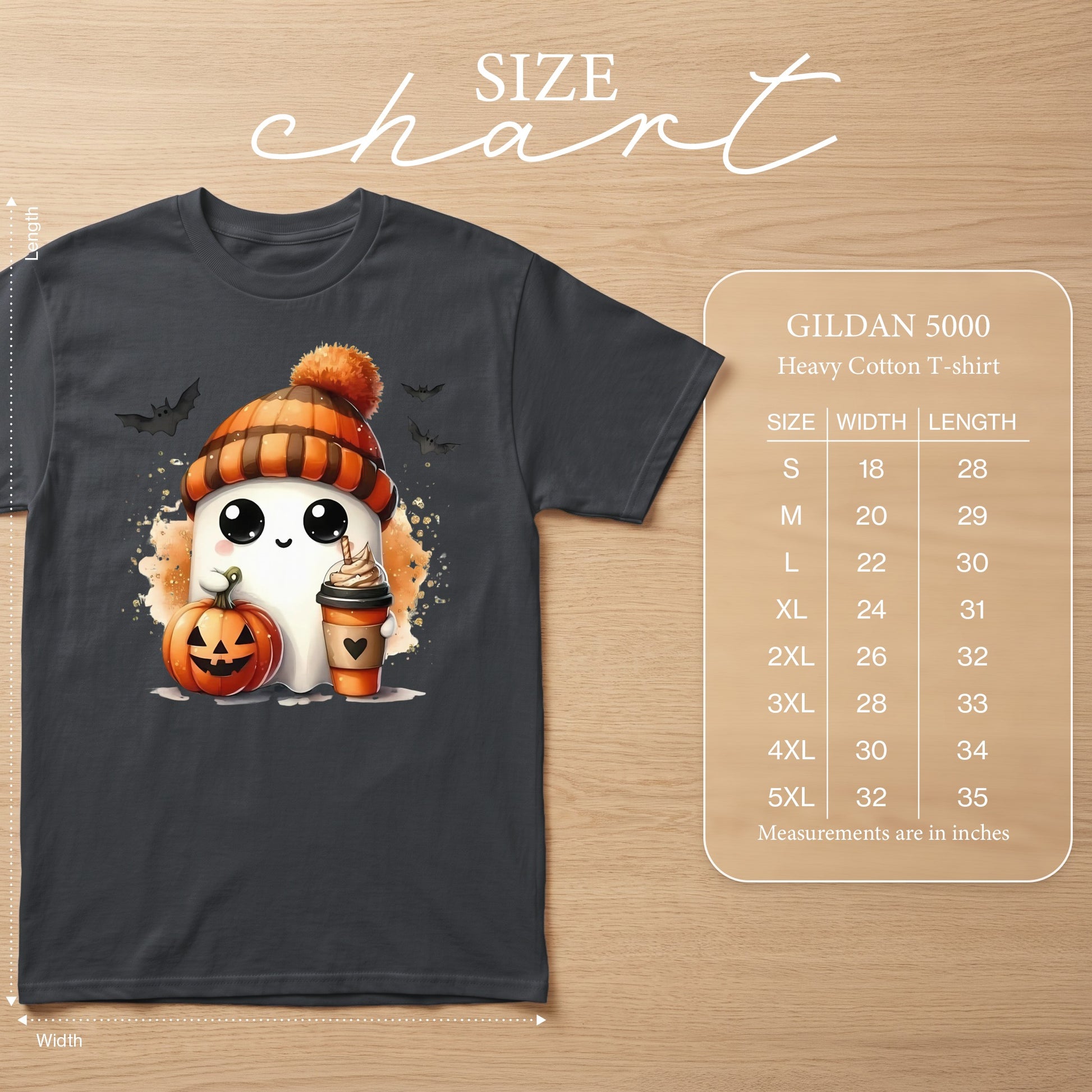 Dark gray Gildan 5000 t-shirt with cute ghost, pumpkin, and coffee graphic.