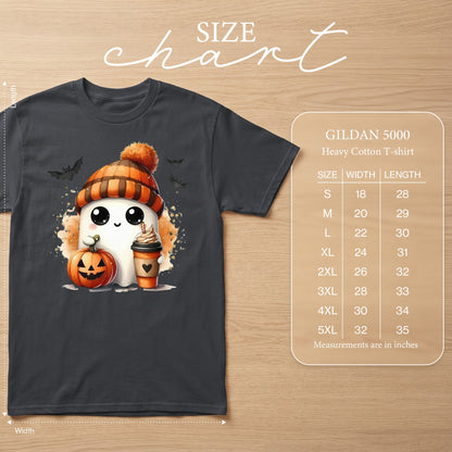 Dark gray Gildan 5000 t-shirt with cute ghost, pumpkin, and coffee graphic.