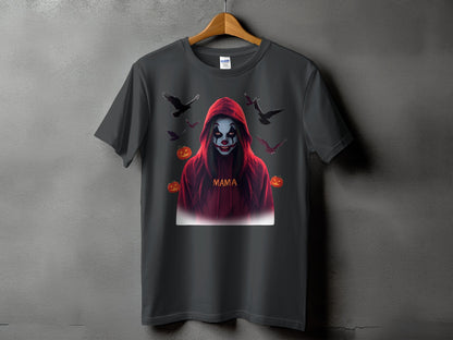 Dark t-shirt with a hooded clown graphic, crows, and pumpkins.