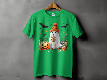 Green t-shirt with Halloween graphic of a ghost, pumpkin, bats, and candles.