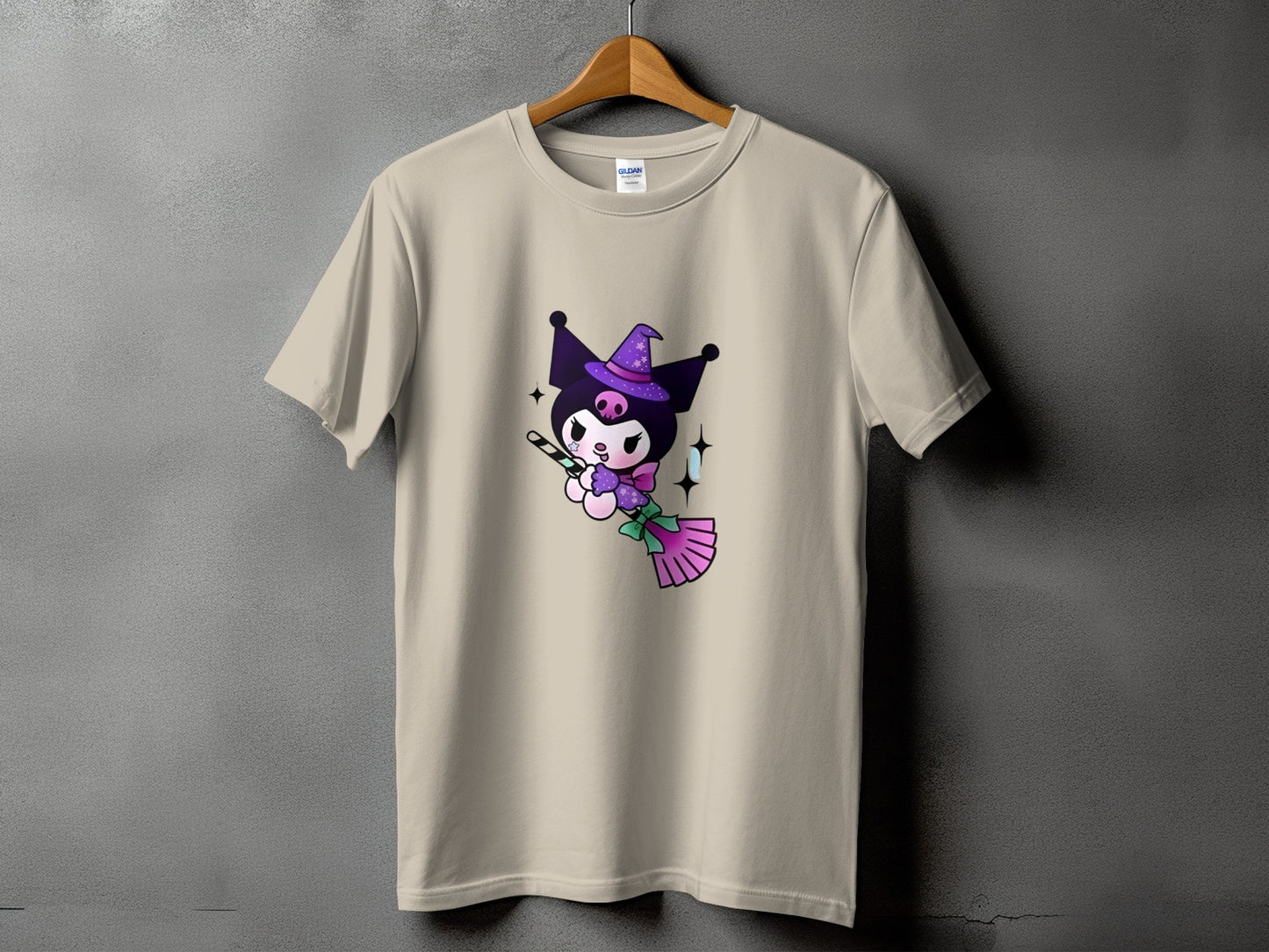 Kuromi the character wearing a witch hat rides a broomstick with a candy cane.