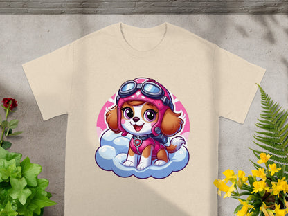 Skye from Paw Patrol on a cloud, wearing a pink aviator outfit.