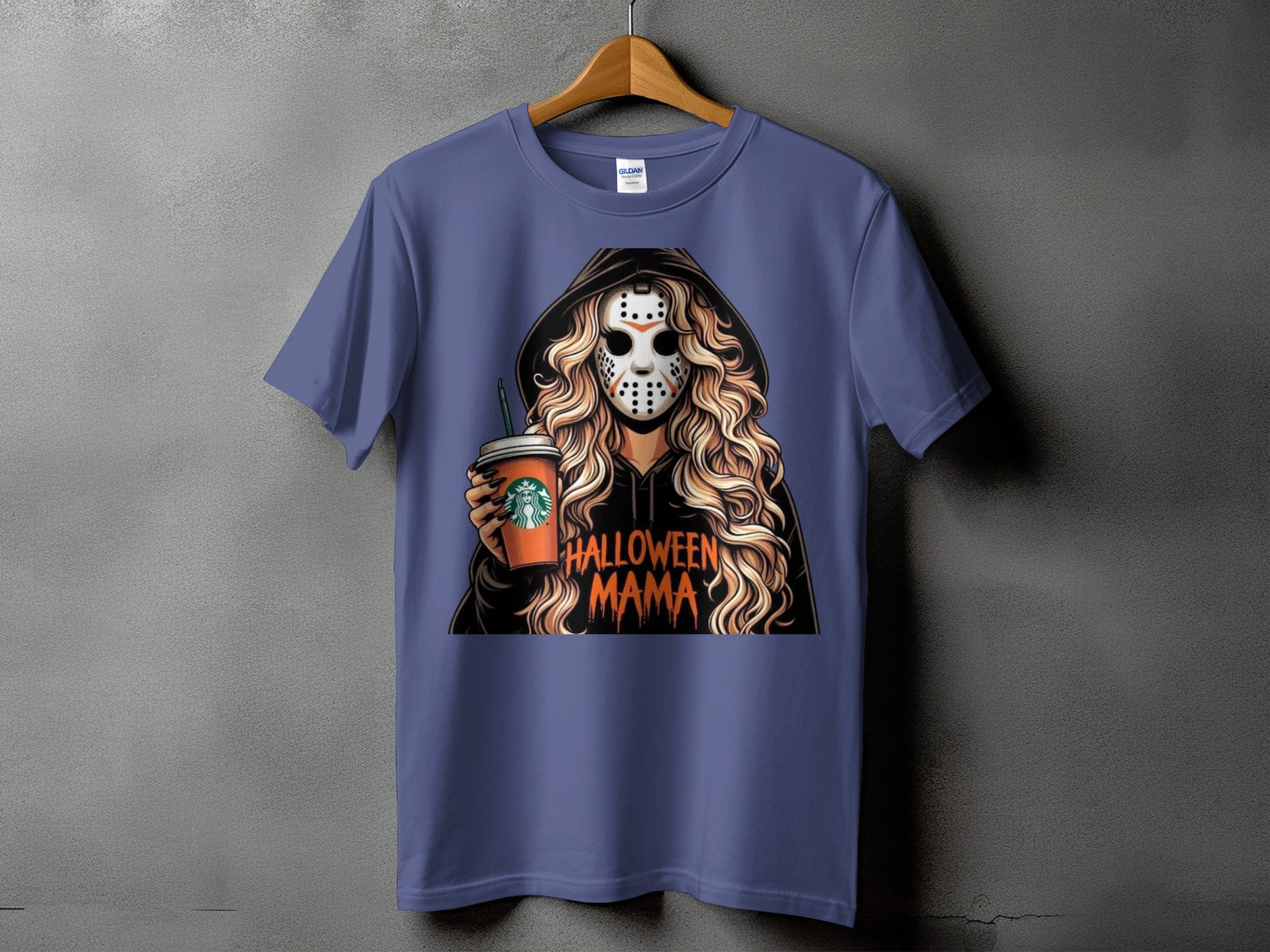 T-shirt graphic of a woman in a hockey mask holding a coffee cup with "Halloween Mama" text.
