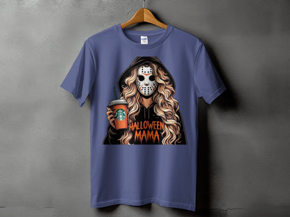 T-shirt graphic of a woman in a hockey mask holding a coffee cup with "Halloween Mama" text.
