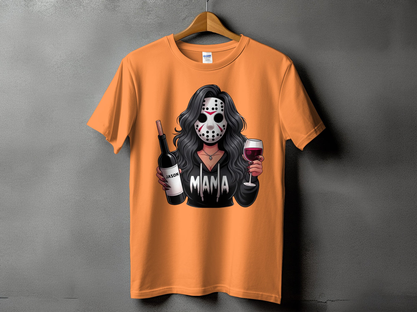 Orange t-shirt with graphic of woman in Jason mask holding wine bottle and glass.