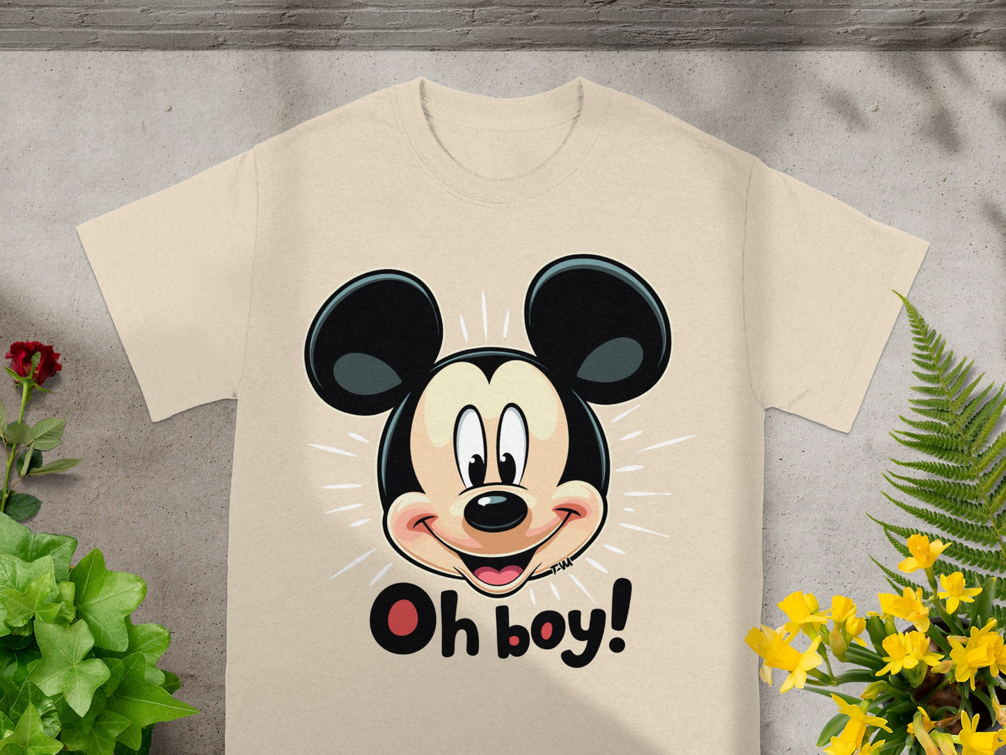 Beige t-shirt with Mickey Mouse graphic and "Oh boy!" text.