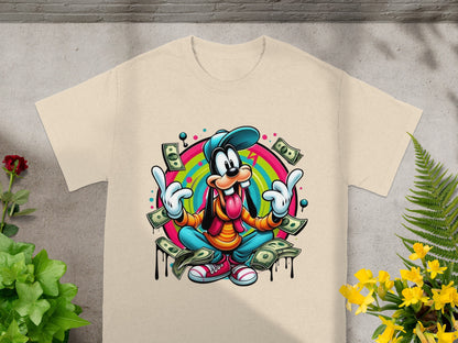Goofy cartoon character in orange shirt, blue shorts, and green hat surrounded by falling dollar bills.