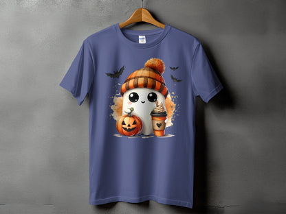 Ghost wearing pumpkin hat with coffee and pumpkin, surrounded by bats.