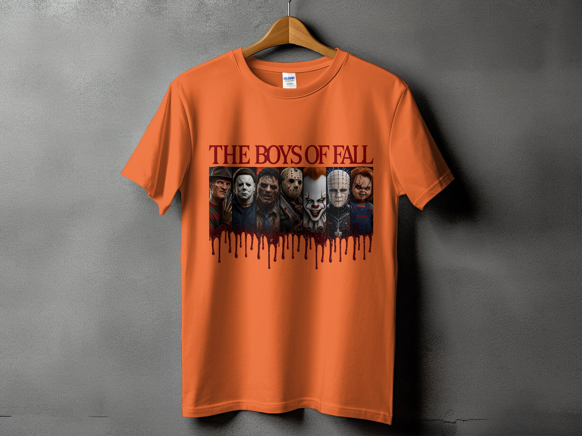 Orange t-shirt with "The Boys of Fall" and horror character montage print.