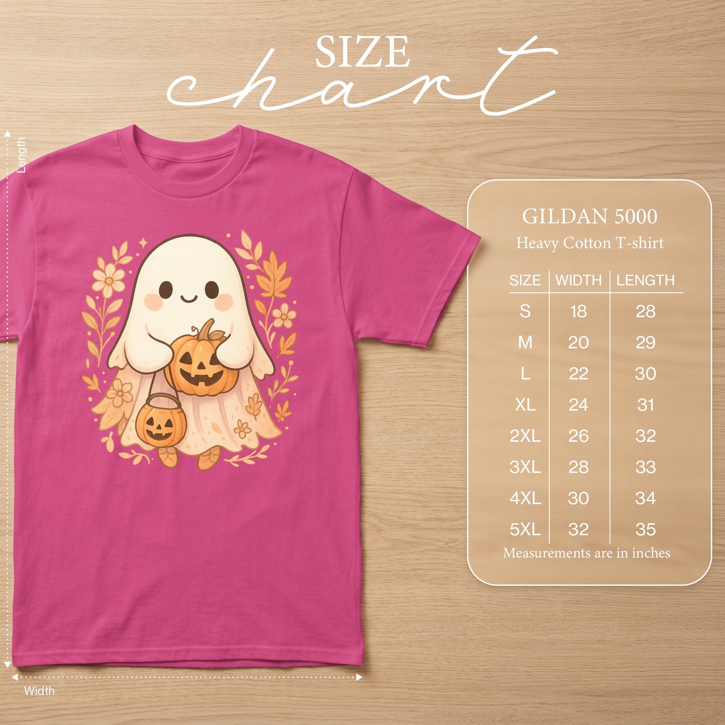 Gildan 5000 Heavy Cotton T-shirt size chart with ghost and pumpkin graphic.