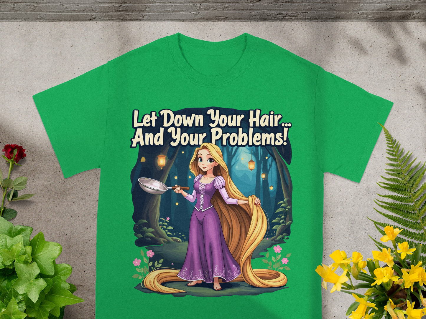 Rapunzel in purple dress with long blonde hair on green t-shirt.