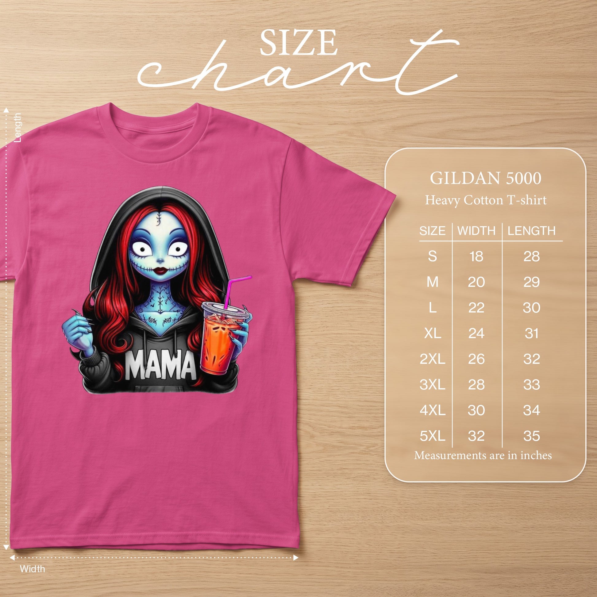 Pink t-shirt with graphic of a character holding a drink and a size chart.