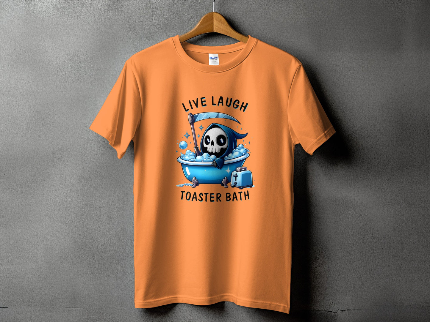 Orange t-shirt with Grim Reaper in bathtub and "Live Laugh Toaster Bath" text.